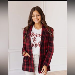 248. Plaid button front blazer in red black